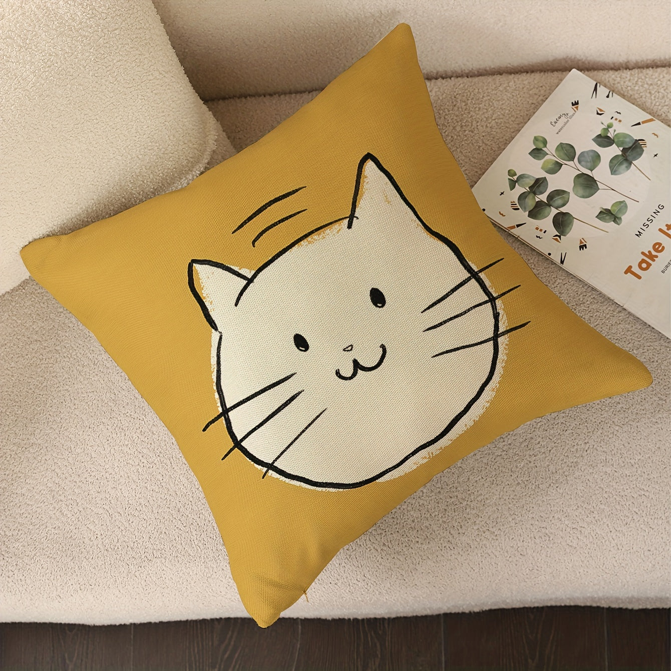 Modern linen pillow cover featuring a cute cat print, 44.96cm x 44.96cm, with zipper closure. Suitable for machine wash. Ideal for sofa, living room, or bedroom. Includes 1 piece.