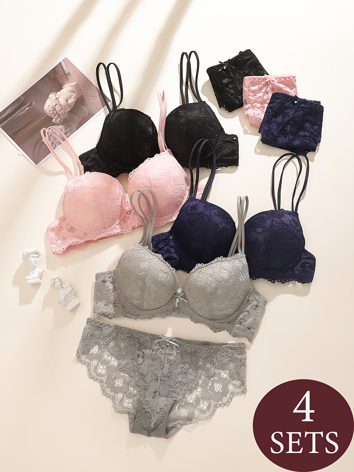 4-piece bra set with steel ring and sexy lace for women, designed to gather, uplift, and prevent sagging.