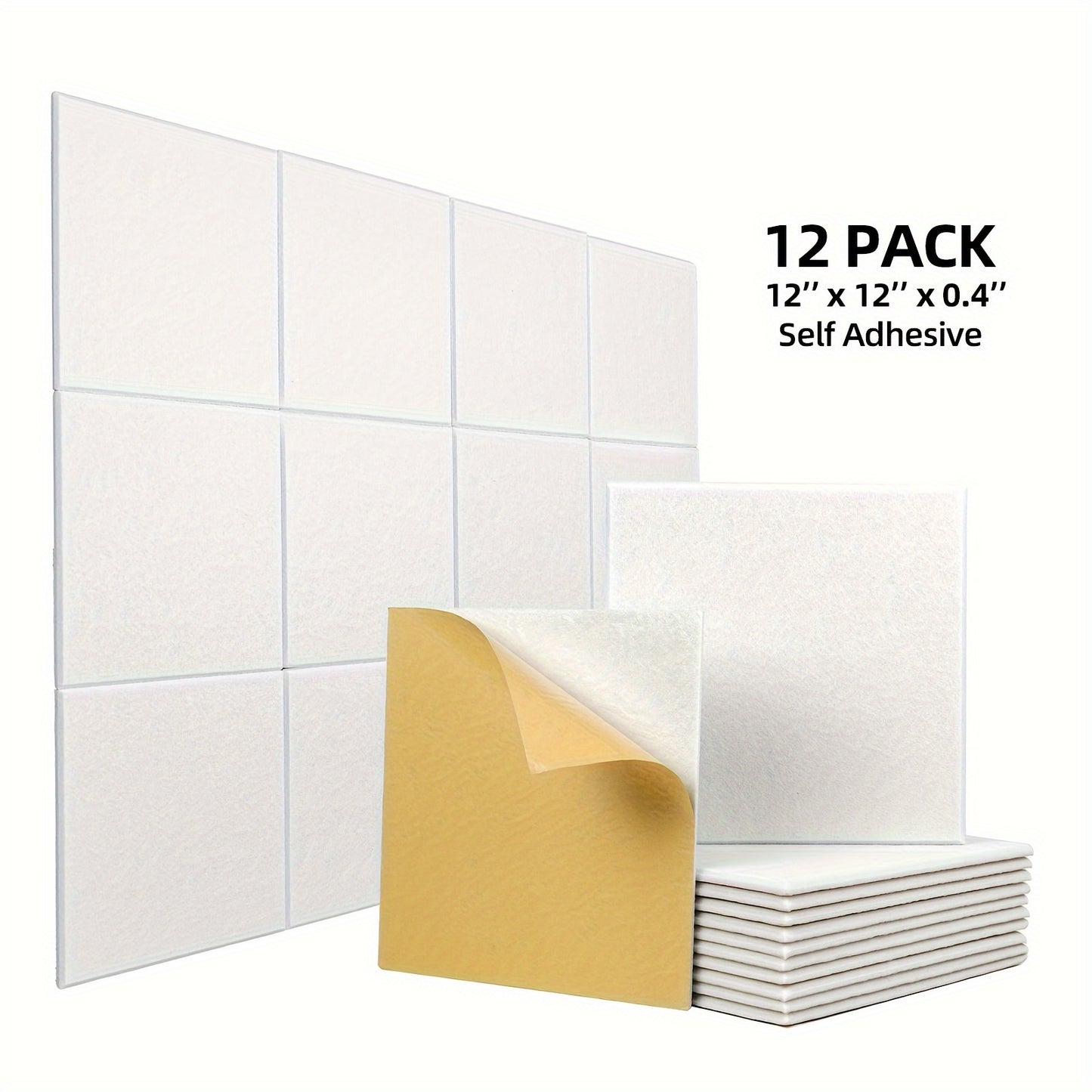 12 square self-adhesive acoustic panels measuring 12" x 12" x 0.4" with a high density, beveled edge polyester fiber construction for soundproofing in home offices and studios.