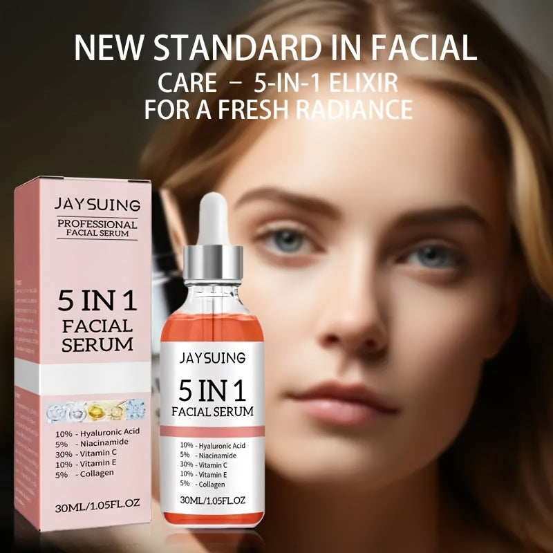 2pcs JAYSUING 5-in-1 Facial Serum with Hyaluronic Acid, Collagen, Niacinamide, Vitamin C & E. Controls oil, minimizes pores, and moisturizes all skin types. Hypoallergenic. 30ml each.