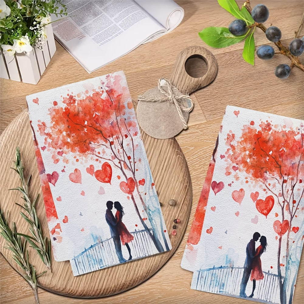 Set of 2 Romantic Valentine's Day Kitchen Towels - Made with Ultra Soft & Highly Absorbent Polyester, Size 40.64x60.96 cm, Easy to Clean in Washing Machine, Decorated with Embracing Couple & Heart Tree Design for Holiday Festive Touch