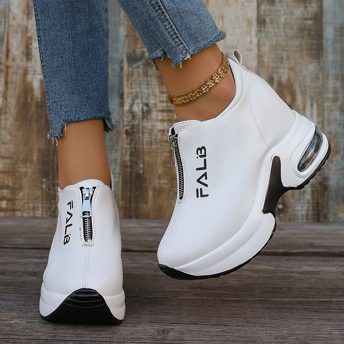 1 Pair Women's Fashion Sneakers with Air Cushion, Zipper Closure, Solid Color, Low Top, and Rubber Sole.