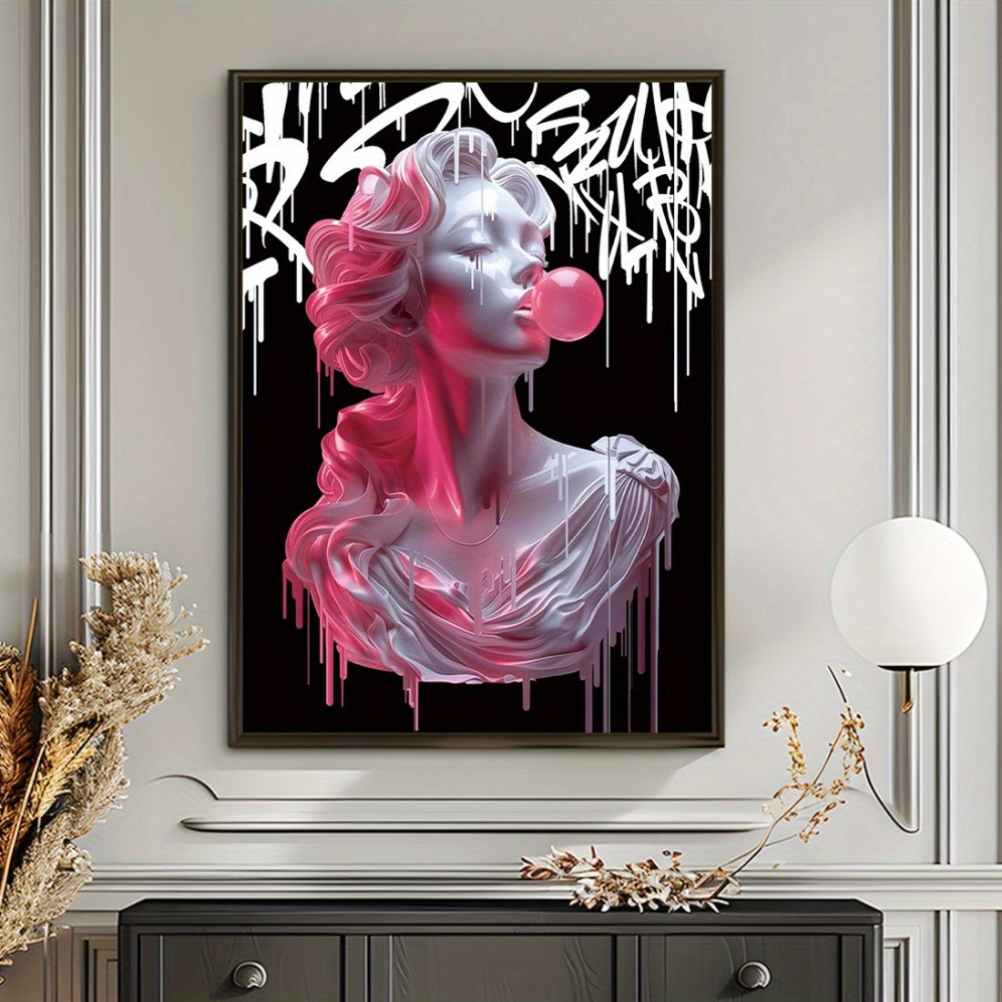 Art Deco wall tapestry of Medusa blowing bubbles, 30x20cm, suitable for various spaces.