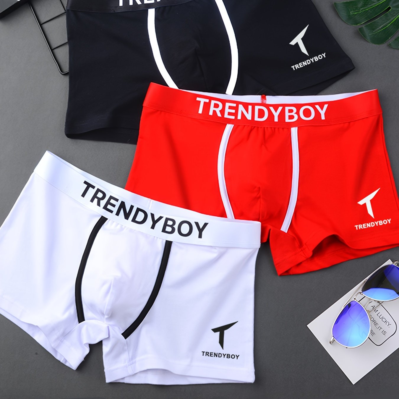 3 TRENDYBOY Men's Boxer Briefs: Soft & breathable polyester blend with comfort fit, elastic waistband, and sleek geometric pattern design for home & sports wear.