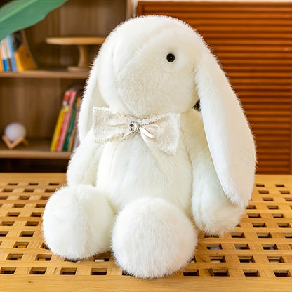 Preppy style unisex bunny plush toy with bow tie, ideal for various occasions, dry clean only, made of 100% polyester.