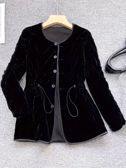 Women's Black Velvet Jacket with Waist-Cinching, Button-Front and Tie Details, Long Sleeve Outerwear for Spring & Fall, Machine Washable Polyester, Smooth Texture.