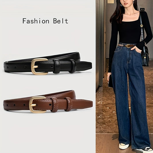 Women's faux leather black belt with pin buckle for jeans, from a luxury brand, chic and stylish waistband for ladies.