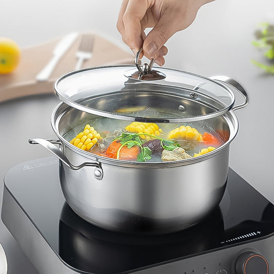 This 10-piece set includes 5 stainless steel pots and 5 pot lids with sizes ranging from 16cm to 24cm. The pots feature a stainless steel construction, double handles, and deep soup pot design, making them perfect for both home and restaurant use. They