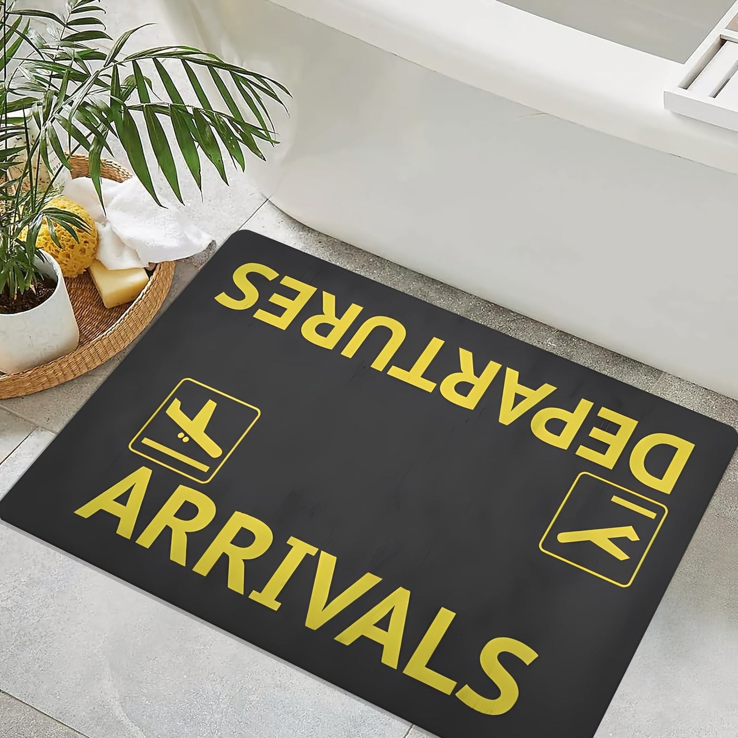 Chic Airport-Inspired Door Mat featuring Non-Slip Backing - Highly Absorbent, Easy to Clean Rug for Bedroom, Kitchen, Home Balcony & Indoor Entryway - Modern Black with Yellow Airplane Symbol Design