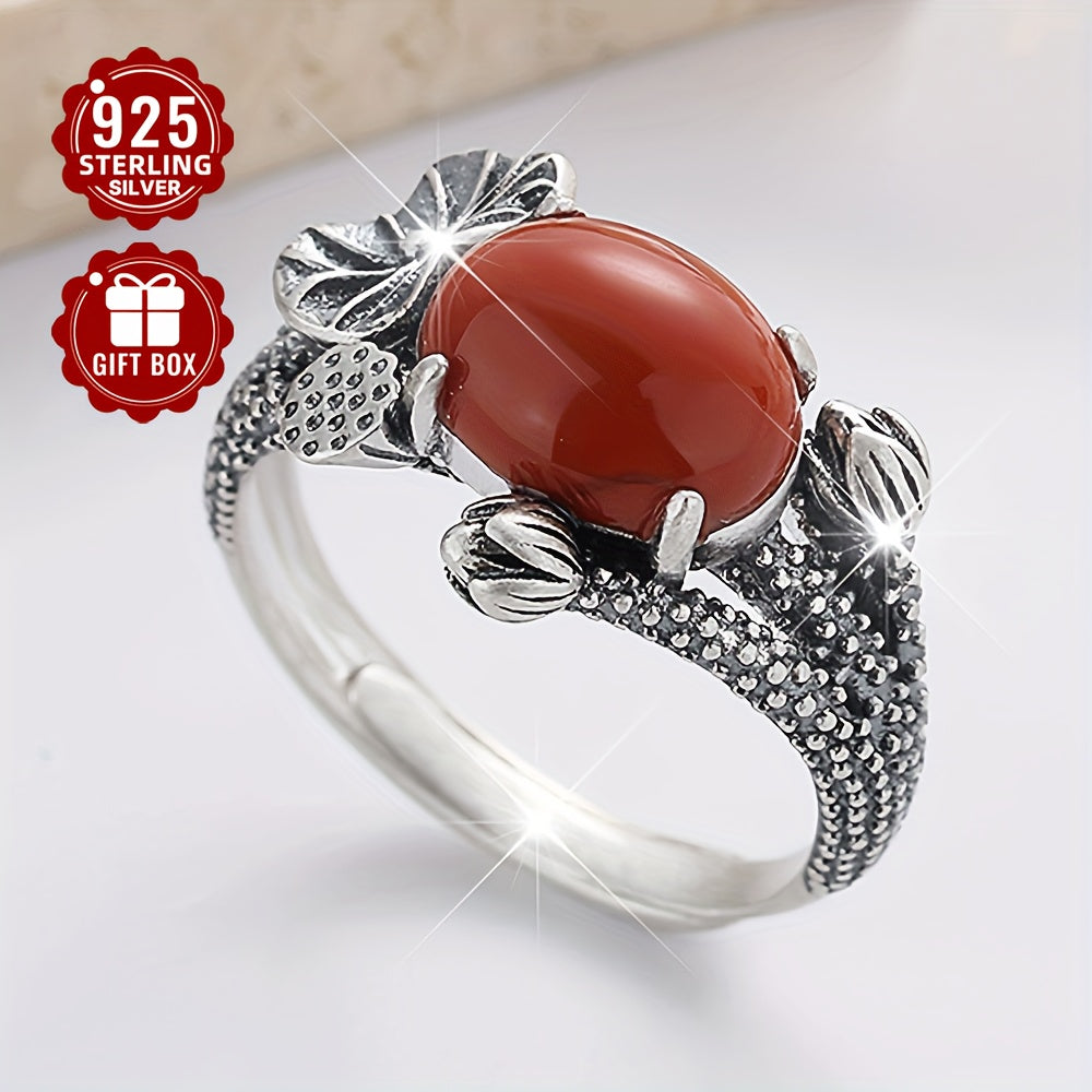 Classic 925 Sterling Silver Ring with Red Agate Stone - Featuring Lotus Leaf Design, Ideal for Both Formal Events and Everyday Wear, Matte Finish, Single Piece, Lightweight 4.6g