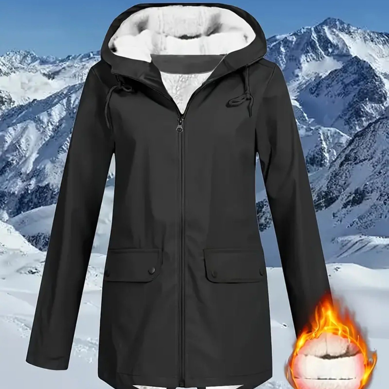 Women's Plus Size Hooded Fleece Lined Jacket, Waterproof Warm Plush Lined Outerwear