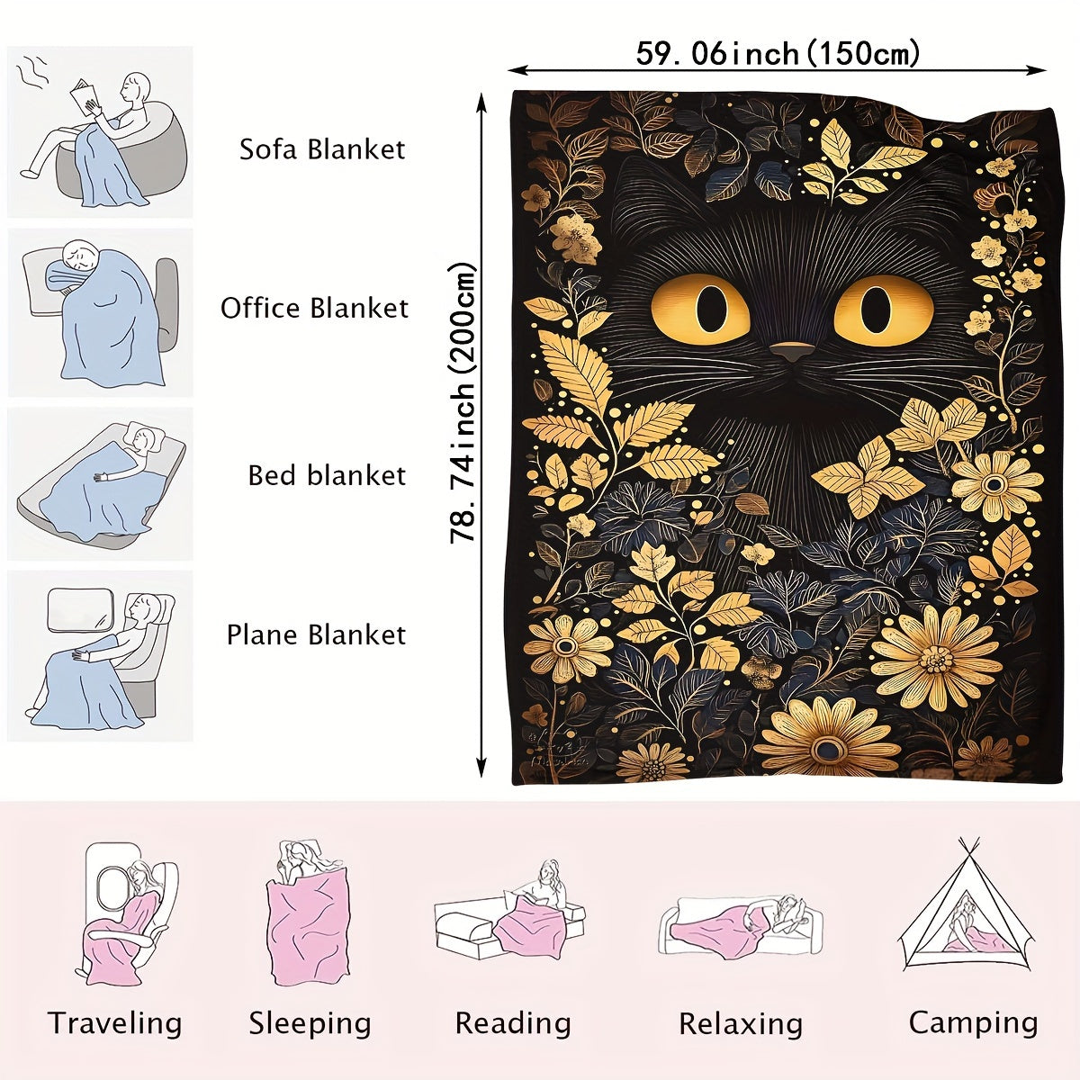 One-piece Halloween Black Cat Soft Plush Throw Blanket featuring a modern style that is suitable for both men and women. This all-season blanket is multifunctional and made from cozy flannel fabric weighing 200-250g. It has a polyester cover with a