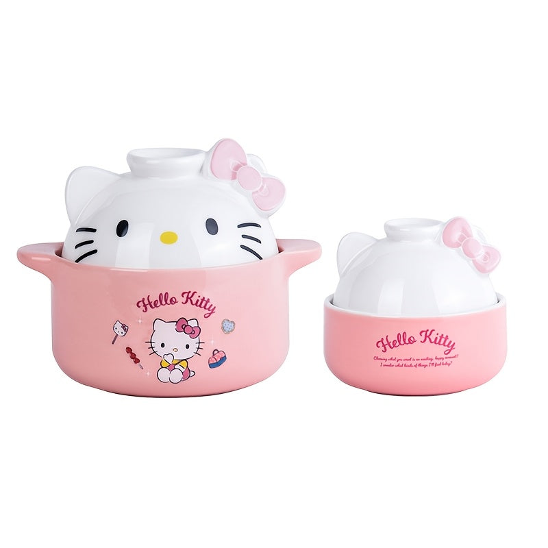 One Sanrio Hello Kitty Ceramic Cartoon Pot, Adorable Soup Crock with Lid, Multi-Purpose Stew Pot for Cooking, Baking, and Steaming - Charming Kitchen Cookware