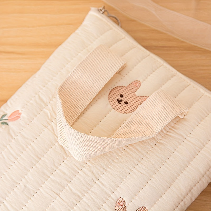 Adorable quilted cotton tote bag with embroidery - ideal for busy moms! Features diaper wipe storage, convenient coin purse, cute bear key case, and doubles as a baby stroller bag.