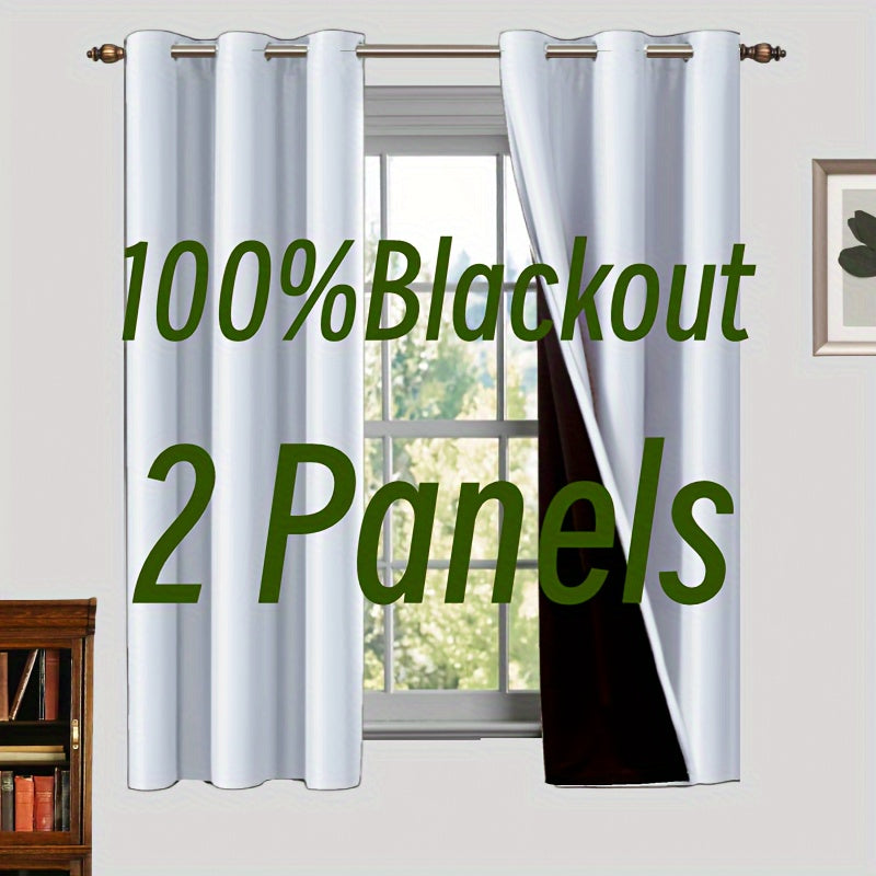 Two pieces of 100% blackout curtains made from polyester, coated and insulated with a grommet top design. Perfect for bedroom, living room, and home decor.