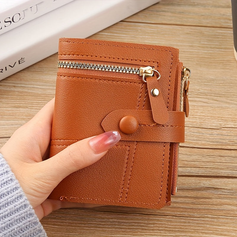 Foldable, stylish short wallet for women with multiple zippers, clasps, and card slots, ideal for coins, change, credit cards, and ID cards.