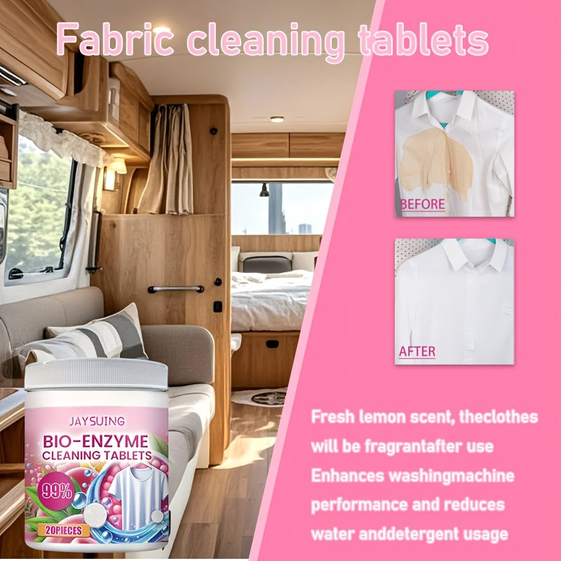 20-Pack Bio-Enzyme Stain Remover Tablets for RV and Home use, eliminates stains and odors while keeping fabrics fresh.