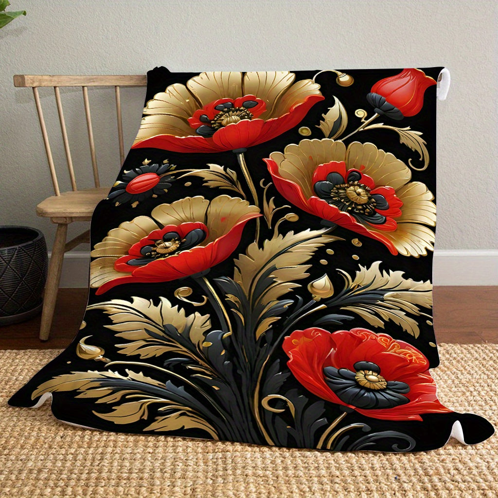 Soft and Comfortable Floral Printed Fleece Throw Blanket featuring a Golden and Red 3D Floral Design. Perfect for use in the Living Room, Bedroom, Sofa, or even on a Picnic. Made with Durable Polyester Fabric, this blanket is suitable for All-Season Use.