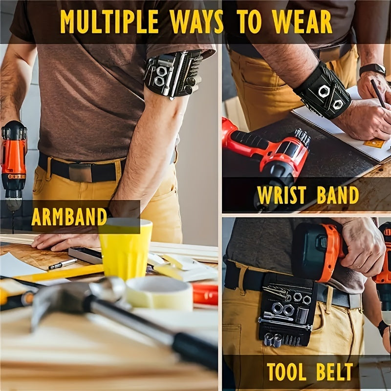 Strong, magnetized wristband for tools with durable fabric and carry bag. Ideal for DIY and repairs, waterproof and easy to clean. Red color, no printing.