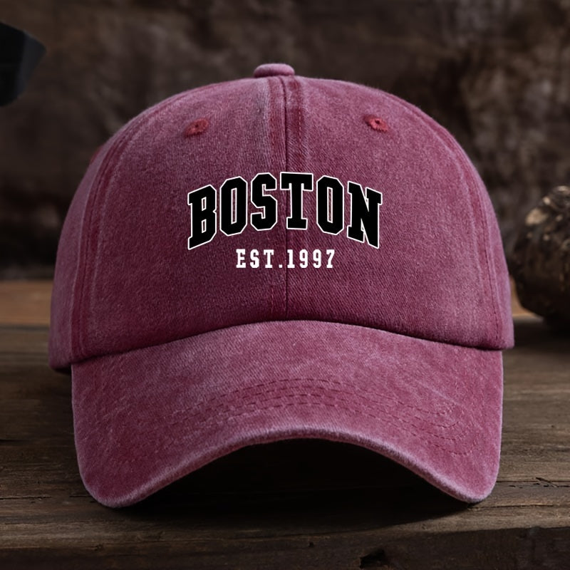 Boston Est. 1997 Unisex Fashion Baseball Cap with Adjustable Curved Brim made of Woven Textile Material, Easy Care, machine washable/dry clean.