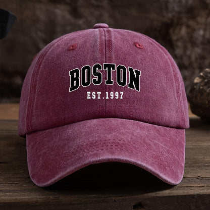 Boston Est. 1997 Unisex Fashion Baseball Cap with Adjustable Curved Brim made of Woven Textile Material, Easy Care, machine washable/dry clean.