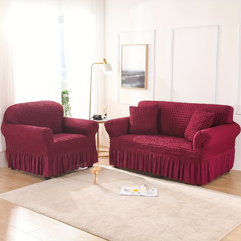 Stretch sofa slipcover with skirt, washable and durable, universal fit.