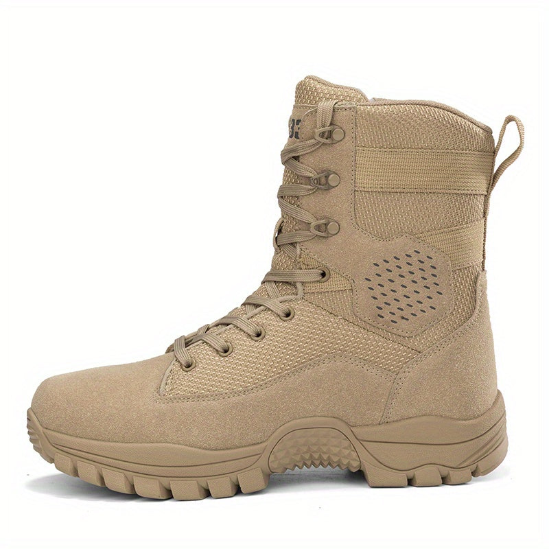 High top tactical work boots with side zipper, non-slip and durable for outdoor hiking activities.