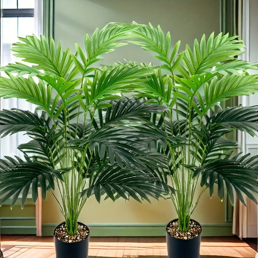 Two lifelike large artificial palm trees with faux Bird of Paradise leaves. Perfect for indoor and outdoor decor in homes, gardens, and offices. Floor standing at 68.0cm tall. Pot not included.