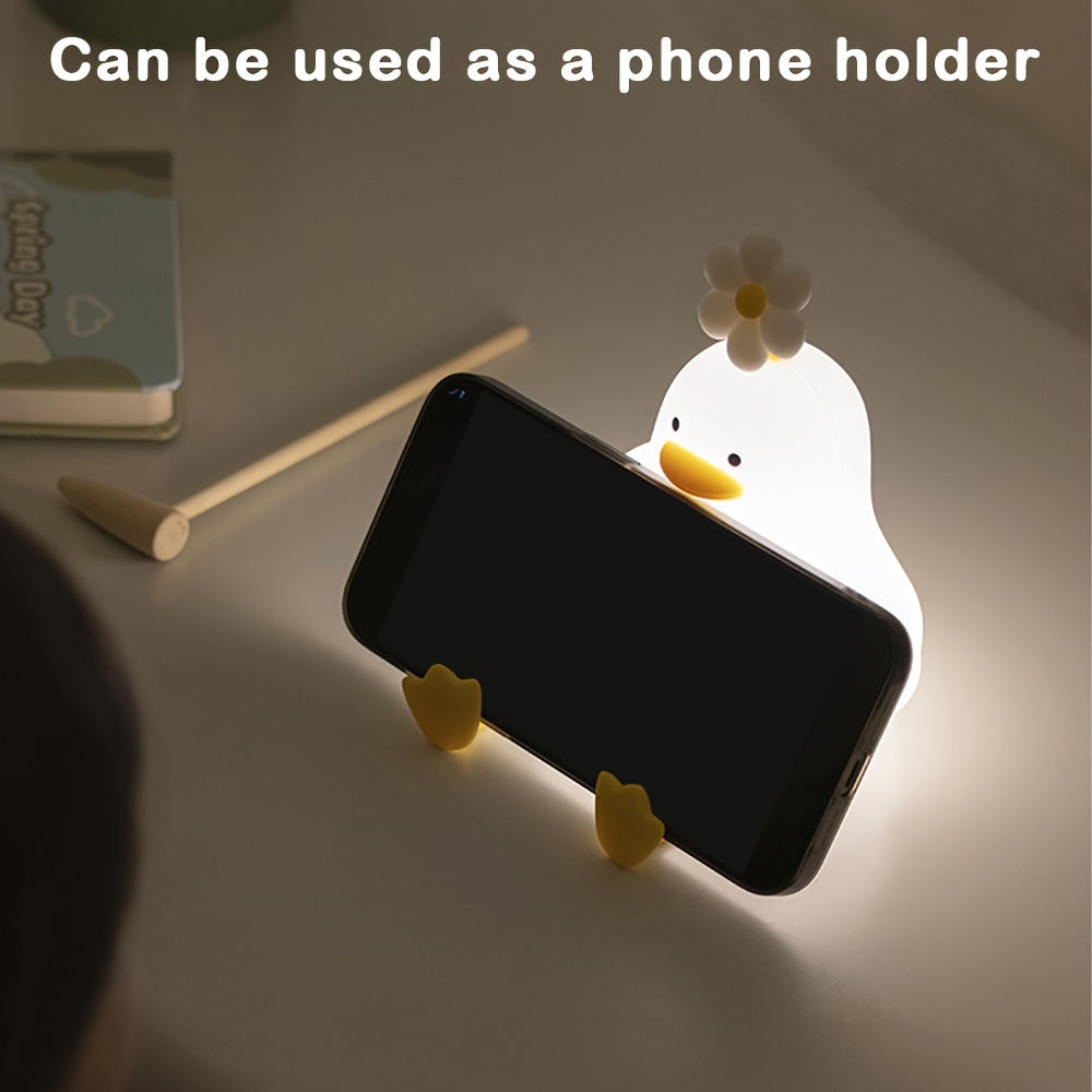 Cute Flower Duck Night Light with adjustable brightness and rechargeable feature, a creative gift for kids.