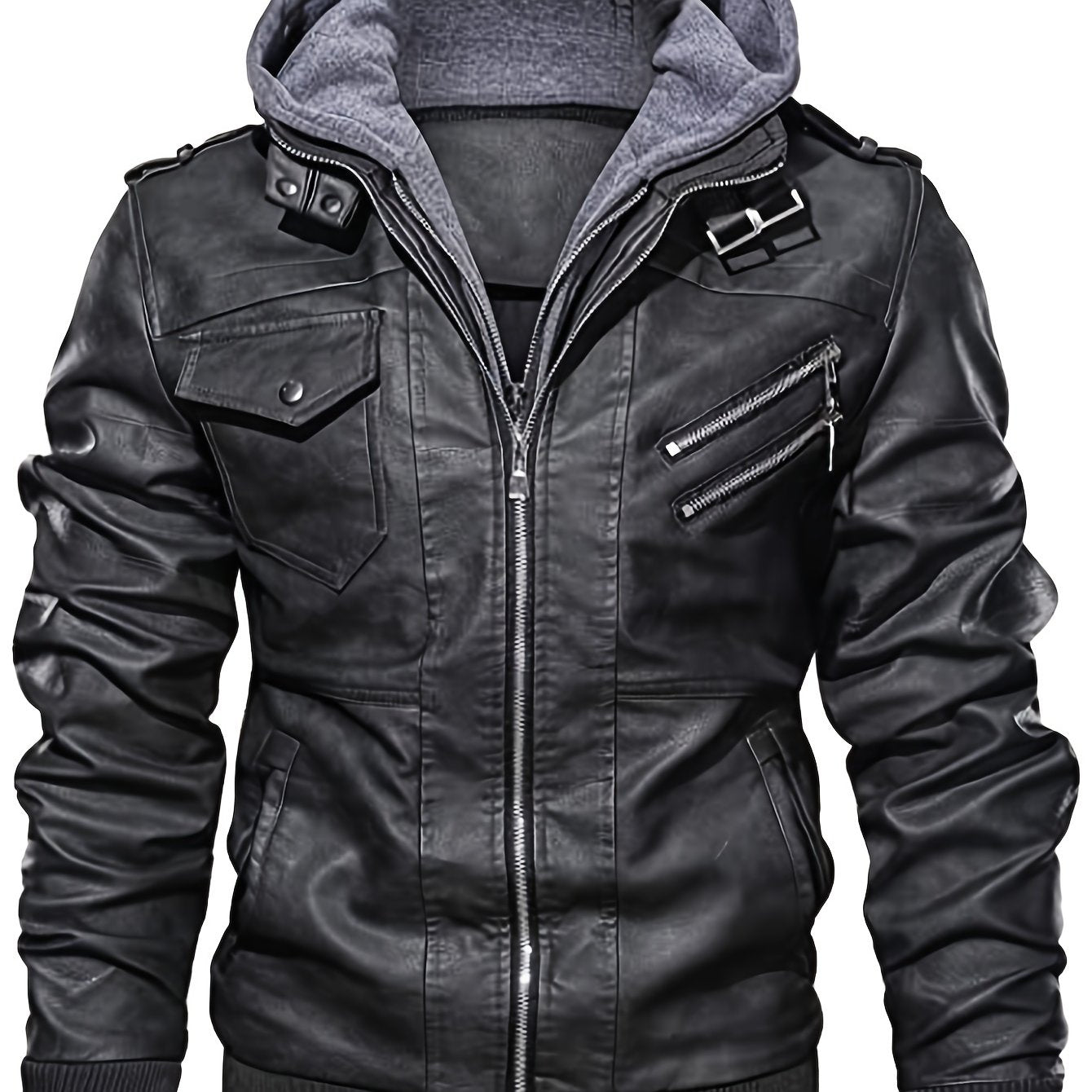 Men's Retro Hooded Biker Jacket - Windproof with Multiple Pockets, Casual Fall/Winter Outerwear, Black, Zip-Up Closure, Polyester Lining, Glossy Finish