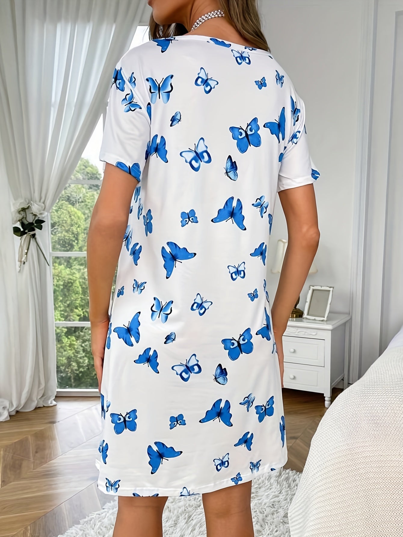 Casual butterfly print pajama dresses for women, perfect for sleepwear and lounging.