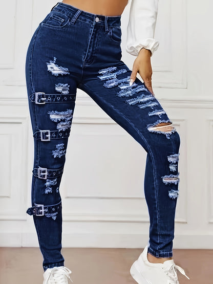 High-waisted stretchy jeans with rip and repair details for women, cotton/polyester blend, machine washable, suitable for all seasons.