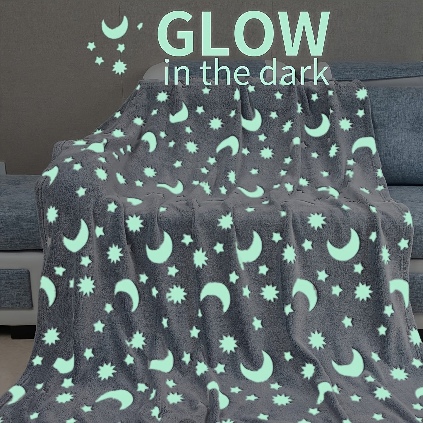 Soft, durable, and hypoallergenic, this cozy throw blanket features glow-in-the-dark stars and moons. Perfect for all seasons, it is ideal for adding a touch of comfort to your bedroom, living room, or when traveling.