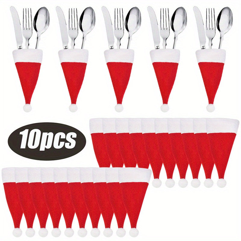 Mini Santa hat cutlery holders for Christmas dinner decorations - 5/10/20pcs, perfect for home or restaurant dining, in red.