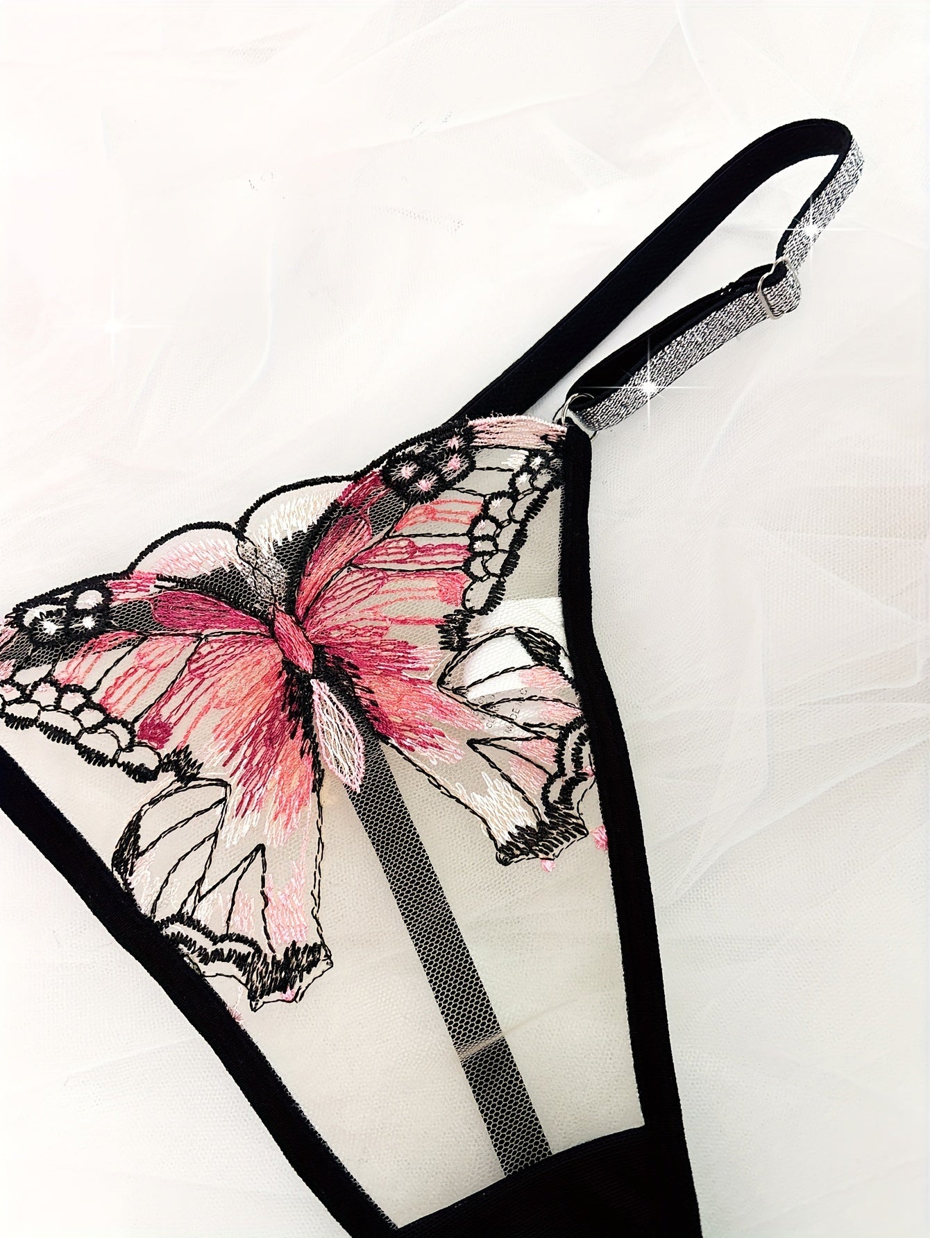 Butterfly print glitter belted mesh thongs, hot semi-sheer intimate panties, sexy women's underpants.