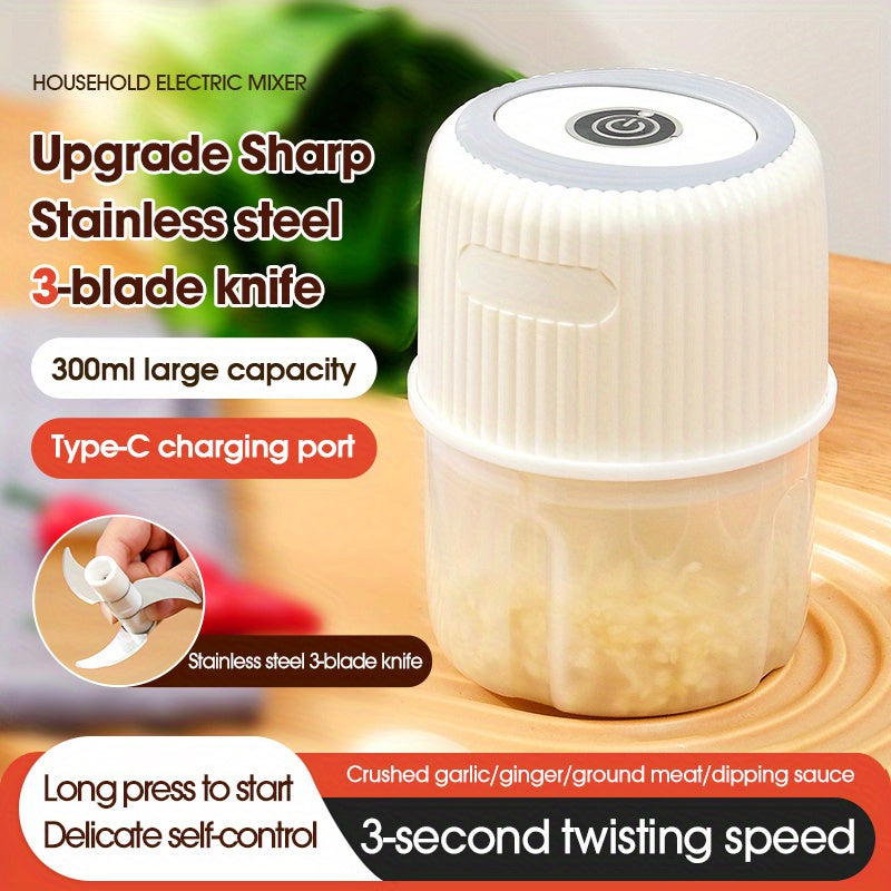 Compact 300ml Electric Food Processor - Mini Garlic Chopper, Convenient USB Rechargeable Design with Integrated Battery, Great for Grinding & Chopping Meat, Ideal for Holiday Presents, Wireless and Essential for the Kitchen