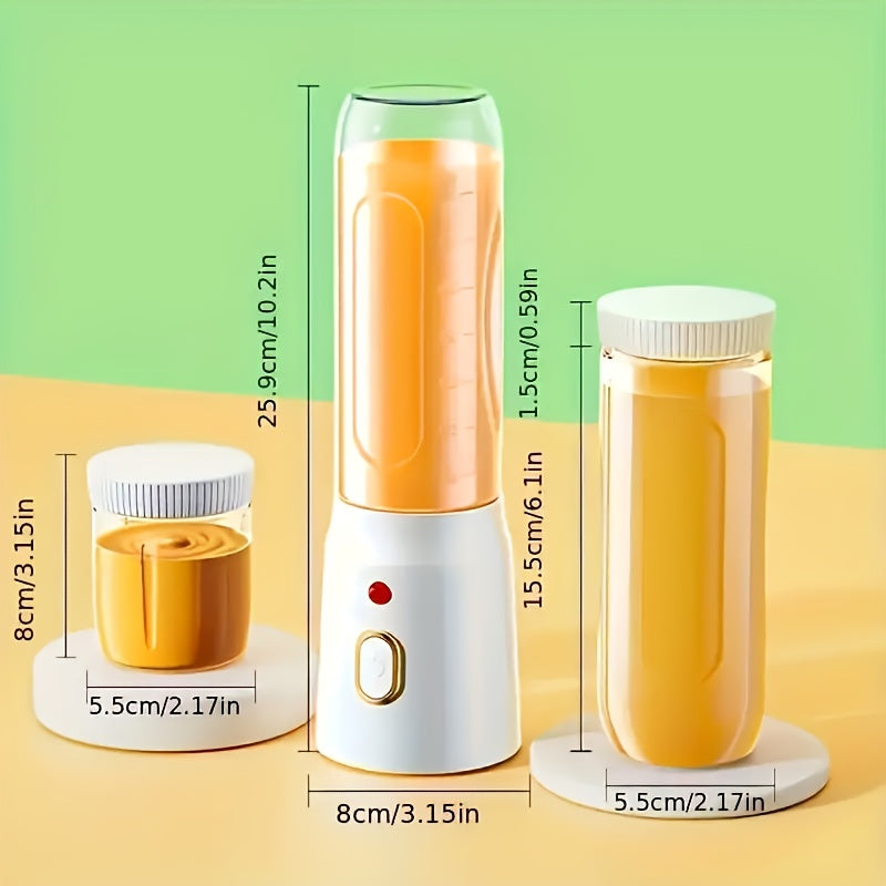 Compact and portable USB rechargeable blender comes with two cups and a 1500mAh lithium battery. This multi-functional mini juicer is perfect for smoothies, coffee, and purees. With a compact citrus juicer design and under 1L capacity, it's ideal for