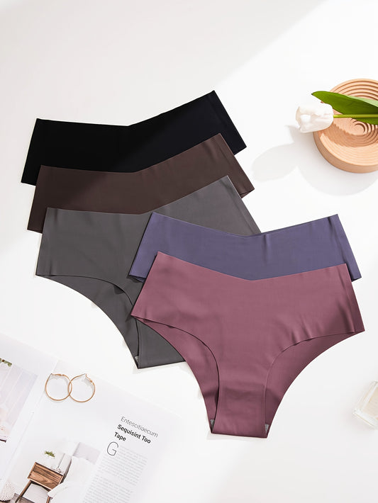 5pcs Seamless Mid-Rise Hipster Panties for Women - Comfortable, Breathable Nylon Blend Underwear in Assorted Colors (Brown, Purple, Dark Brown, Light Brown, Beige) with Smooth Finish