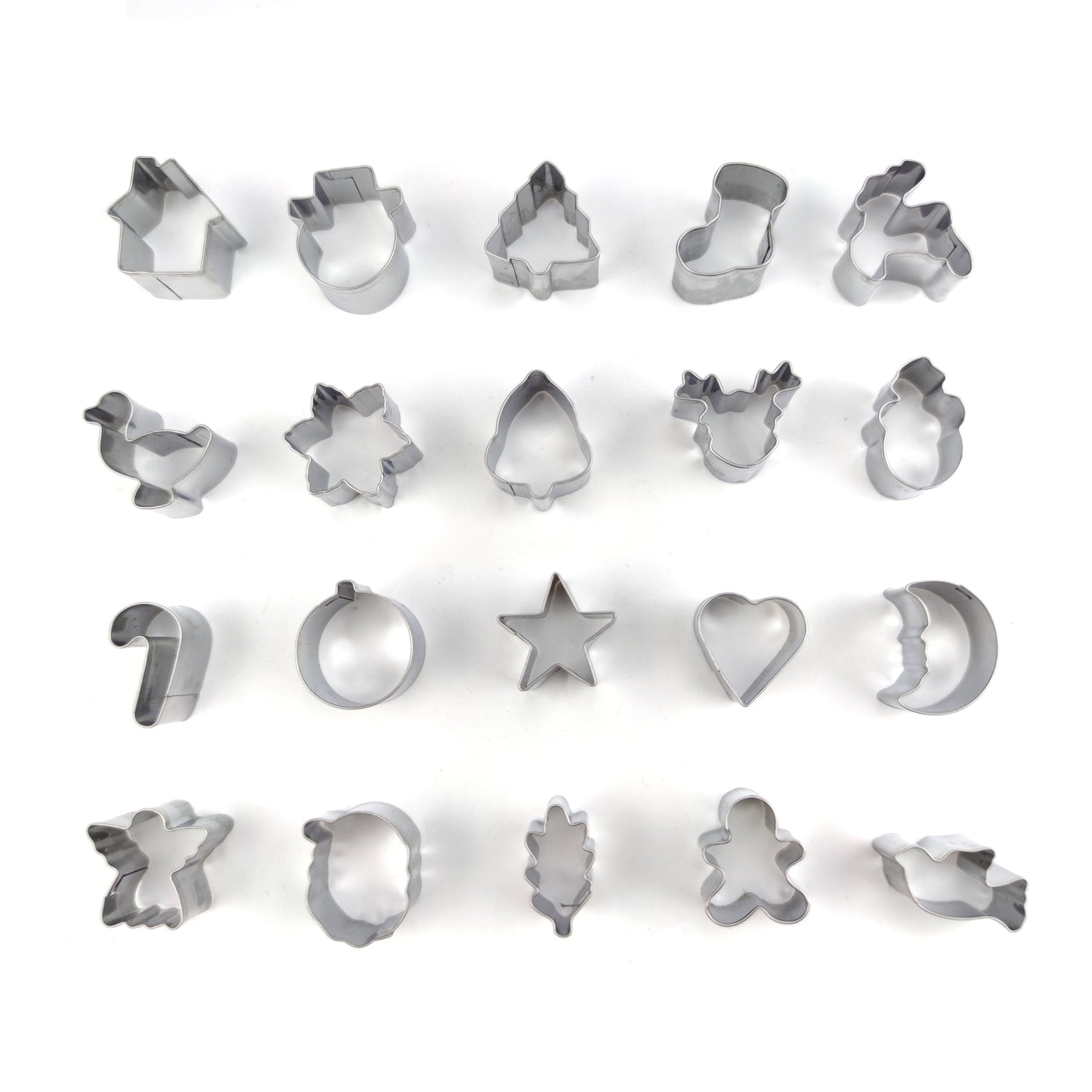 Set of 20 miniature Christmas cookie cutters made of stainless steel featuring Santa, reindeer, and snowman shapes. These baking molds are safe to use with food and perfect for making festive treats and holiday snacks.