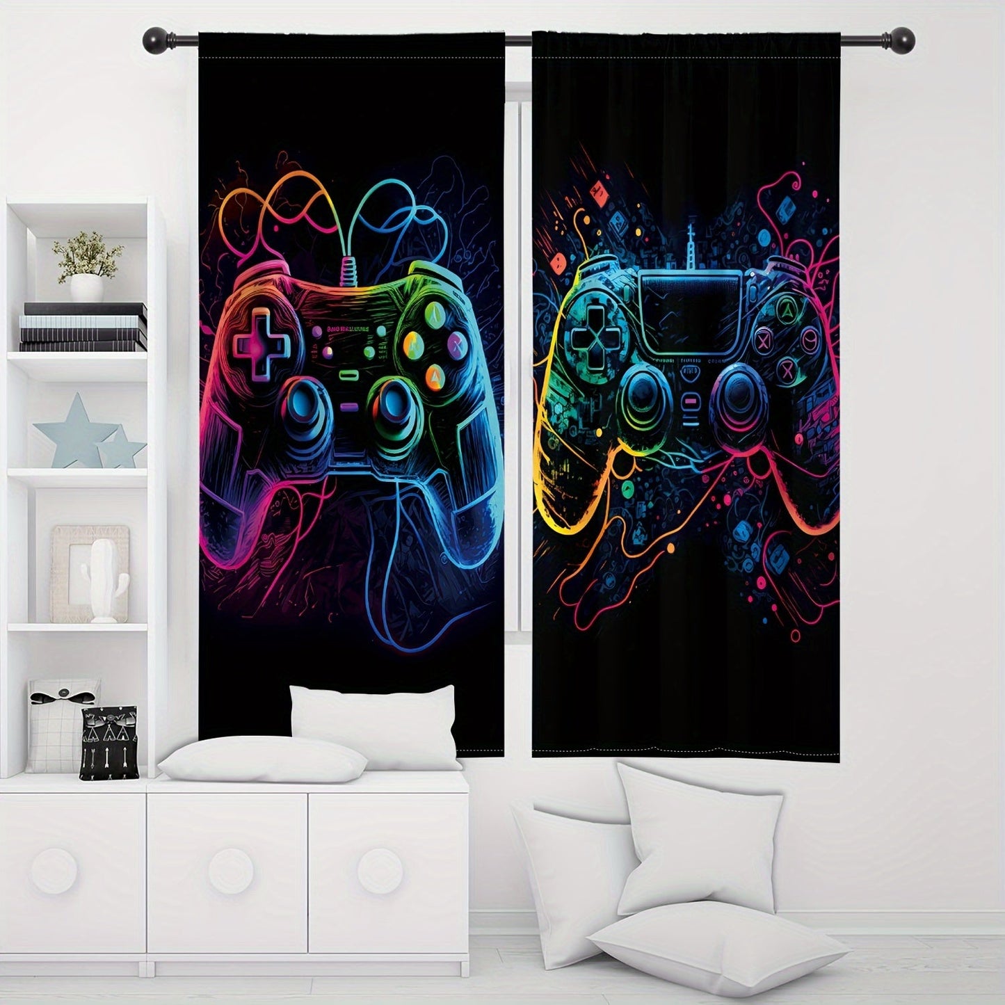 Two player game controller design living room curtain screen-printed with a colorful game console pattern. This semi-transparent curtain provides privacy and is suitable for both the bedroom and living room.