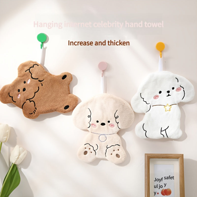 Cute cartoon dog hand towels made of modern coral fleece, 100% polyester. Set includes decorative animal designs on woven fabric. Suitable for bathroom and kitchen use, hand wash only. 300 GSM.