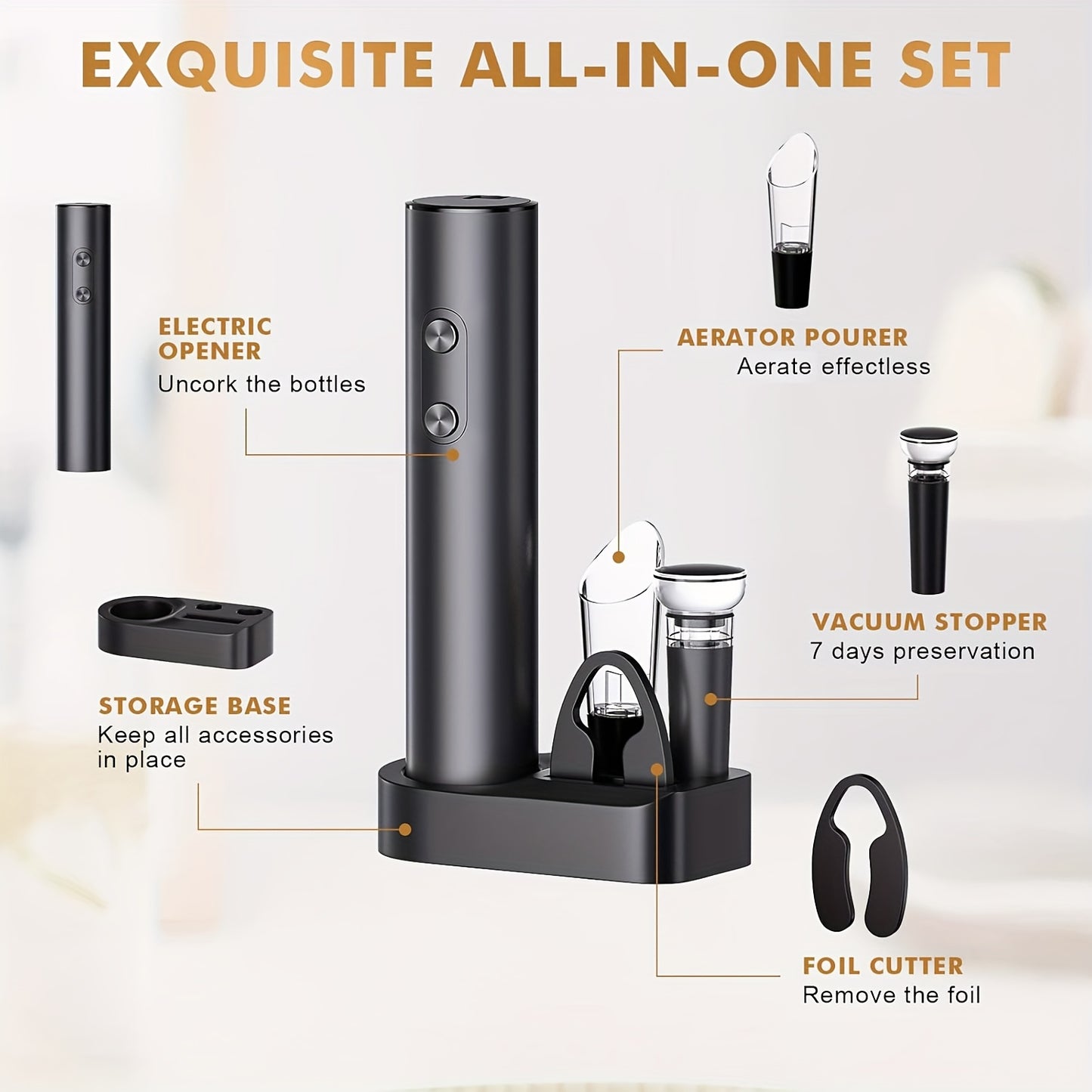 Electric wine opener set includes foil cutter and vacuum seal; battery-powered and easy to store; ideal for home bars and restaurants.