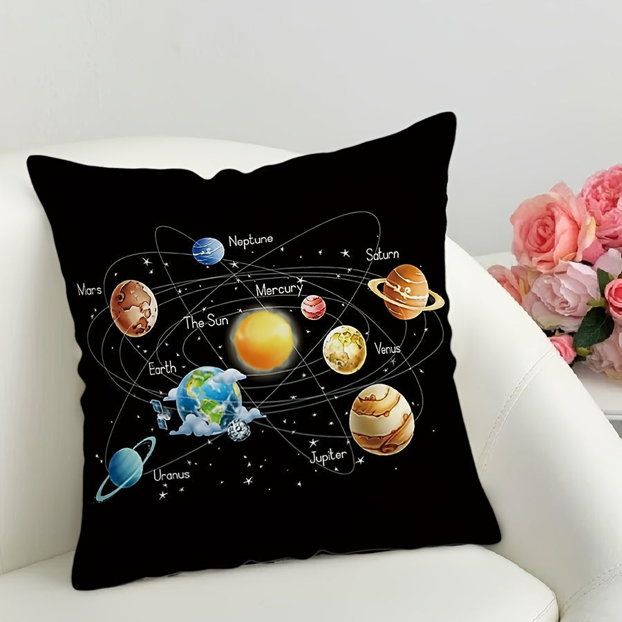 Solar System themed throw pillow cover made of polyester, measuring 44.96x44.96 cm. Features a contemporary style with a single-sided galaxy print including planets and stars. Machine washable with a zip closure for easy removal and cleaning. Perfect for