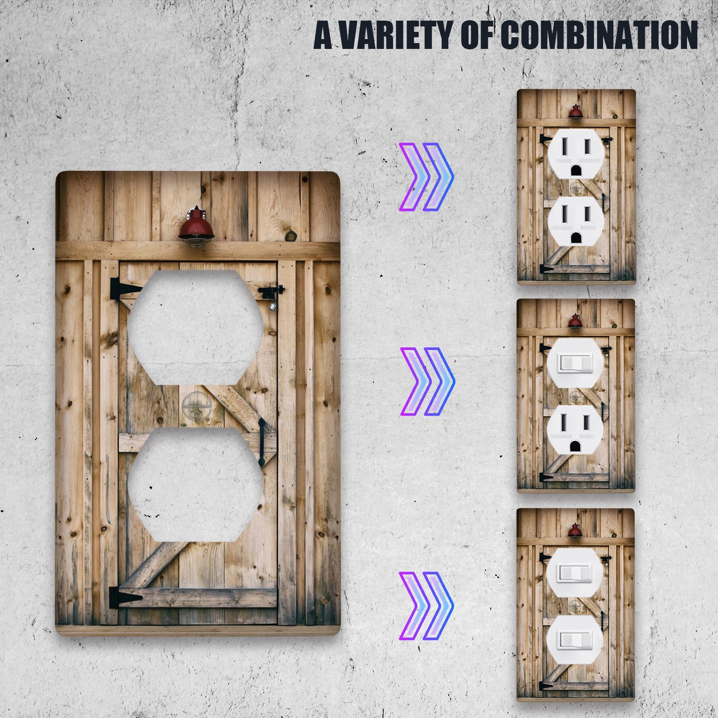 Rustic barn door design wall plate cover, decorative light switch and outlet receptacle plug face plate, no electricity needed, versatile for room decor.