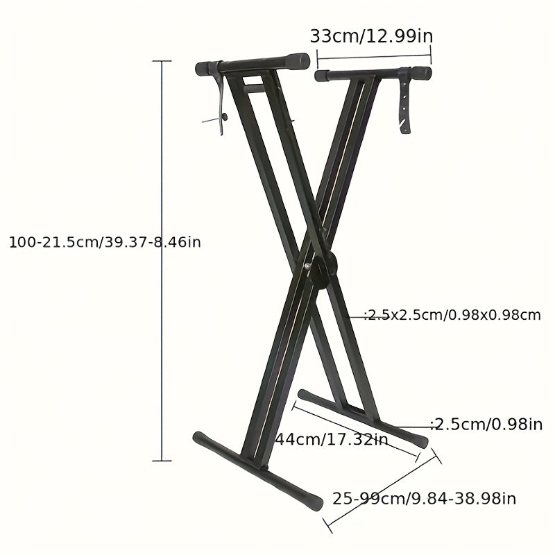 Foldable black alloy keyboard stand - adjustable height, durable, portable, ideal for synthesizers, pianos, and more. Perfect Valentine's Day gift.