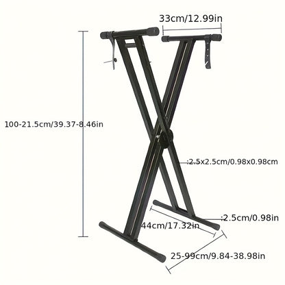 Foldable black alloy keyboard stand - adjustable height, durable, portable, ideal for synthesizers, pianos, and more. Perfect Valentine's Day gift.