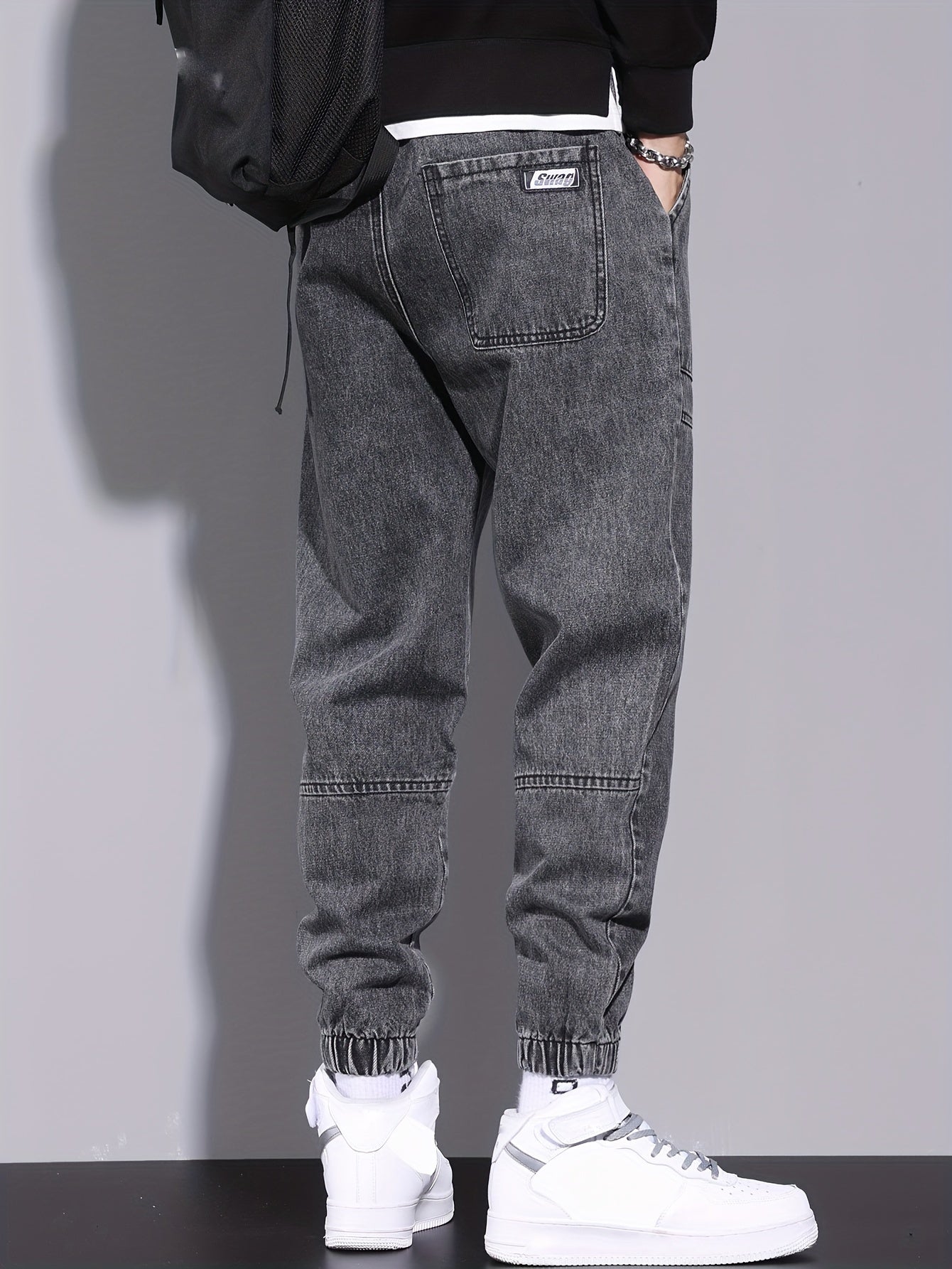 Men's harem jeans with elastic drawstring waist, perfect for all seasons.