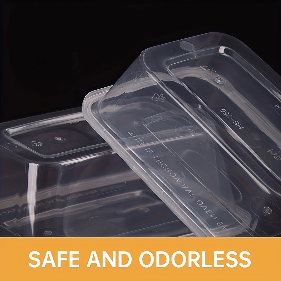 10 to 30 pieces of transparent plastic containers with lids in sizes 17, 22, and 26 ounces. These rectangular food storage containers are BPA free, stackable, leak-proof lunch boxes that are also microwave safe. Perfect for kitchen gadgets and