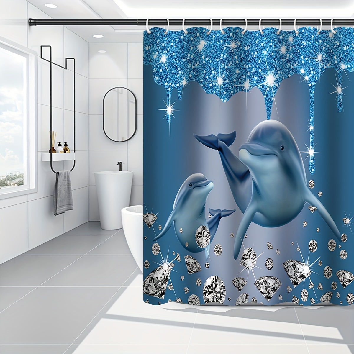 Ocean Dolphin Shower Curtain Set with 3D printed cartoon design, made of twill weave polyester fabric. Includes non-slip washable bath mat, toilet cover, and twist top with hooks. Suitable