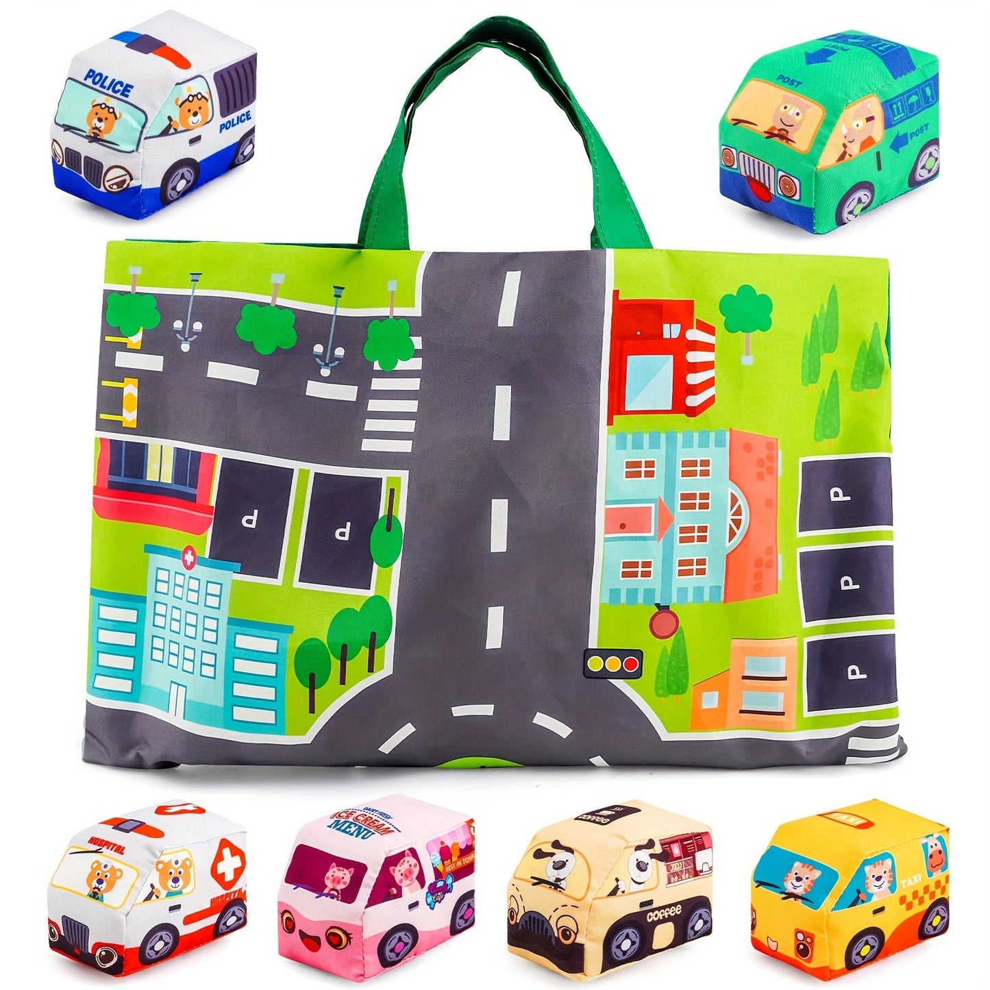 Set of 6 Soft Toy Cars for Toddlers with Play Mat and Storage Bag - Ideal Gift for 1-Year-Olds on Birthdays, Halloween, or Christmas